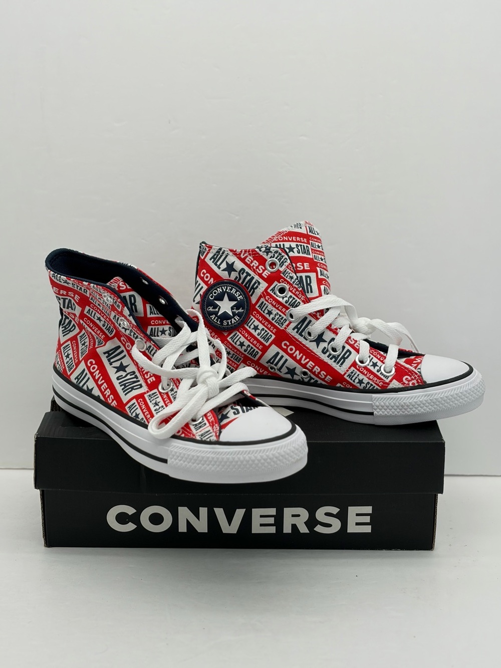 Converse Women’s High Top Sneakers - Red, White, Navy Logo Print